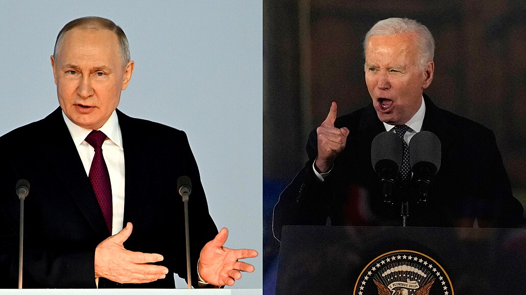 Vladimir Putin a Joe Biden bhem svých projev v úterý 21. února 2023.