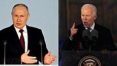 Vladimir Putin a Joe Biden bhem svých projev v úterý 21. února 2023.