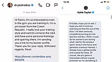 Zpráva Pavla Polakovi�e a Katie Taylorové trenérovi Pedru Diazovi, respektive...