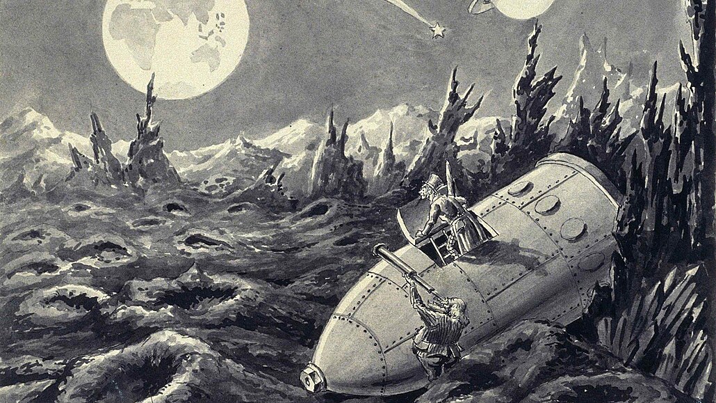 Ilustrace Georgese Méli&#232;se k jeho filmu Cesta na Msíc (1902), jen byl...