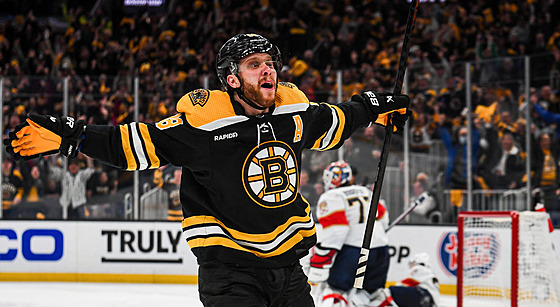 Bostonský David Pastr�ák slaví gól v síti Floridy v sedmém duelu série play-off...