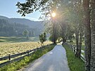 enkova domaija, Slovinsko - píjezdová cesta k rodinné farm v ranním slunci