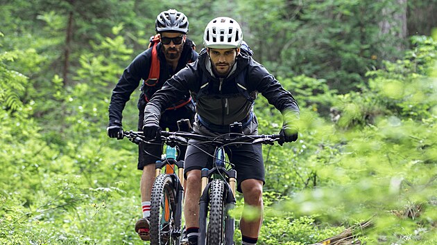 Cyklistick� v les�ch na trailov� trati. Jak rad� z�chran��i, jezd�te v�dy minim�ln� ve dvou lidech.