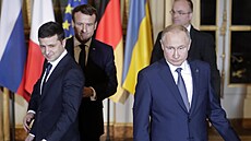Volodymyr Zelenskyj, Emmanuel Macron a Vladimir Putin na Normandy Four summit v...