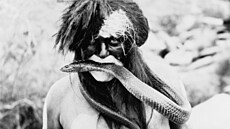 Indián Hopi s pomalovaným obličejem a tělem a hadem v ústech.