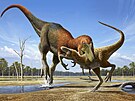 Ilustrace ztváruje nanotyranna útoícího na mlád tyrannosaura rexe