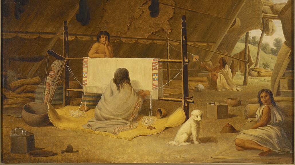 Saliská ena tká deku ze psí srsti na malb Paula Kanea z poloviny 19. století