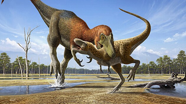 Ilustrace ztvárňuje nanotyranna útočícího na mládě tyrannosaura rexe
