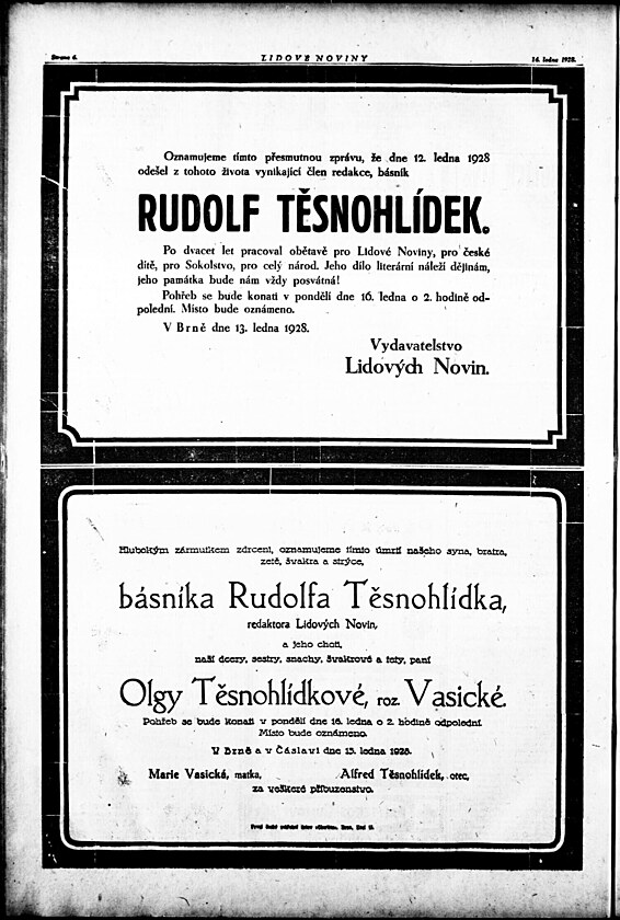 Oznmen o mrt Rudolfa Tsnohldka a jeho manelky v Lidovch novinch