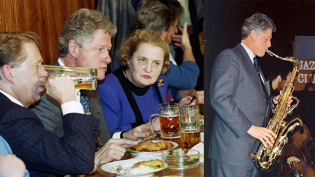 Bill Clinton na veei s Václavem Havlem a Madeleine Albrightovou v hospod U...