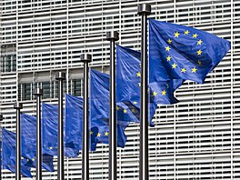 Vlajky EU ped sídlem Evropské komise v Bruselu.