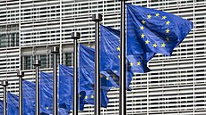 Vlajky EU ped sídlem Evropské komise v Bruselu.