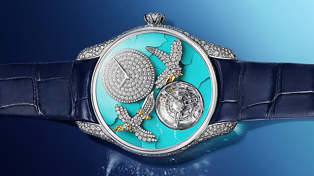 Zna�ka Tiffany & Co. letos p�edstavila n�dhern� �perkov� hodinky inspirovan� bro�� Jeana Schlumbergera. Model Bird on a�Flying Tourbillon, jeho� strojek vytvo�ila �v�carsk� manufaktura Artime Cr�ations SA p��mo pro �perka�sk�ho giganta, je vyroben z�b�l�ho zlata, zdob� jej 848 diamant� a�tyrkysov� marketerie.