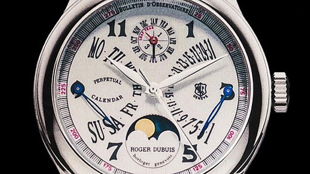 Jeden z�prvn�ch model� zna�ky Roger Dubuis z�poloviny 90. let vynik� v��n�m kalend��em 
s�retrogr�dn�m ukazatelem dn� v�t�dnu a�data.