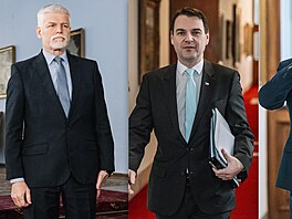 Zleva prezident Petr Pavel, ministr zahrani�í Petr Macinka a ministr obrany...