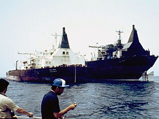 Supertanker Al Hoot, jen� byl registrovaný v Saúdské Arábii, na snímku z kv�tna...