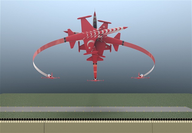 Schéma prvku nazvaného "Crossover Brake", který předvádí letecká akrobatická