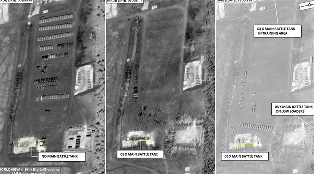 Levý snímek z 30. května 2014 zobrazuje rozmístění ruských vojenských sil u...