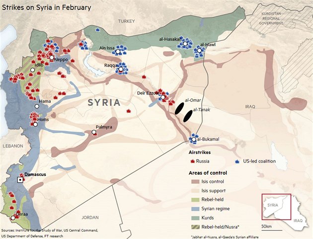 Místa leteckých útok na energetické cíle IS v Sýrii v únoru 2016