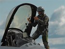 Pilot letounu F-16 belgického letectva na Dnech NATO v Ostravě