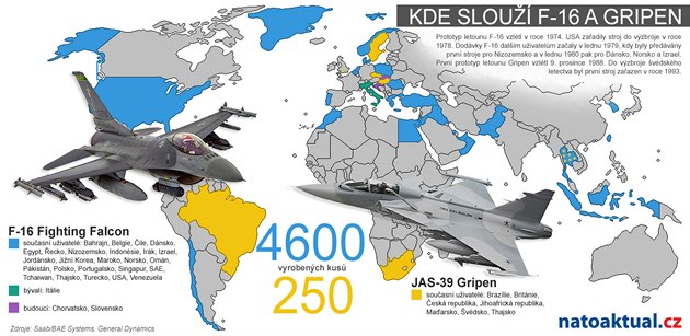 Mapa uivatel letoun F-16 a Gripen