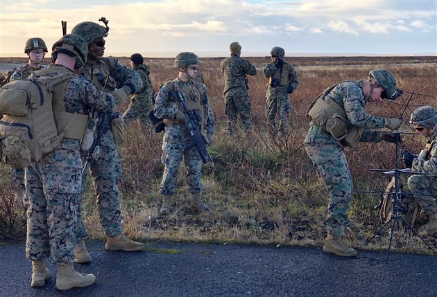 Písluníci americké námoní pchoty po vylodní na Islandu