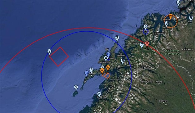 Vyznaení zóny ruských raketových steleb u pobeí Norska od 20. do 22....