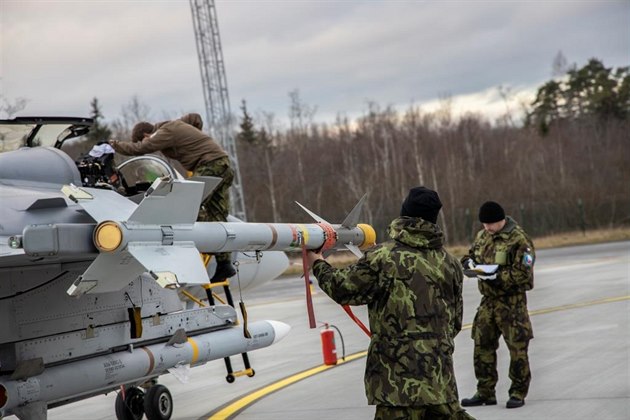 Pedletové kontrola letounu Gripen na stojánce základny Amari v Estonsku