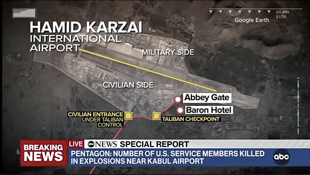 Znázornní míst bombových útok na letiti v Kábulu