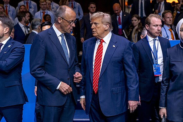 Americký prezident Donald Trump s nmeckým kancléem Friedrichem Merzem na...