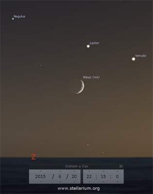 Msc, Venue, Jupiter a Regulus na veern obloze v ervnu 2015