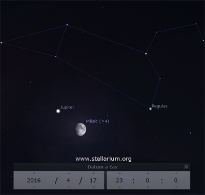 Jupiter a Msc nedaleko hvzdy Regulus 17. 4. 2016