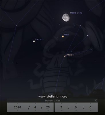 Msc spolu se Saturnem a Marsem v blzkosti hvzdy Antares 25. 4. 2016