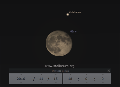 Měsíc a Aldebaran nízko nad obzorem 15. 11. 2016