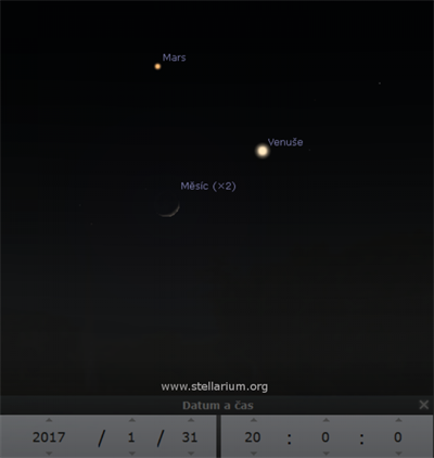 Měsíc, Venuše a Mars 31. 1. 2017 večer na jihozápadě