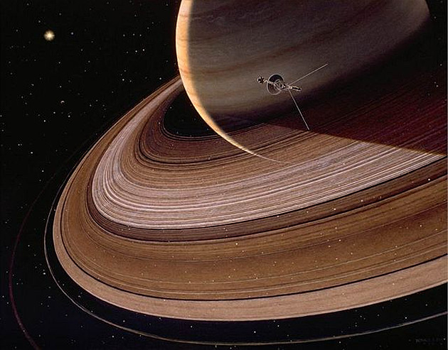 Voyager 2 míjí Saturn. Kresba: Don Davis, NASA