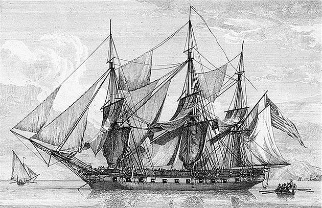 Fregata suící plachty (U.S. Boston ve Stedomoí), cca 1802