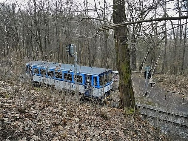 Za vlákem je vidt pina, která vede k dtskému hiti. Lesopark na Cibulce,...