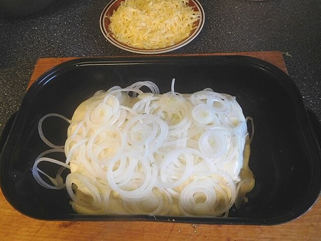 Maso s majonézou a cibulí. Vepová peen s majonézou a sýrem