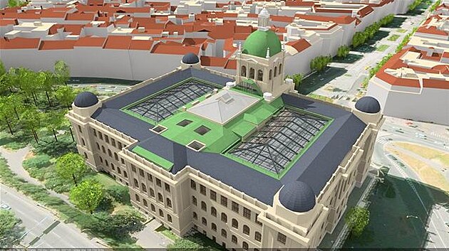 Letecký pohled na obnovenou historickou budovu Národního muzea se zasteenými dvory a zpístupnnou kopulí