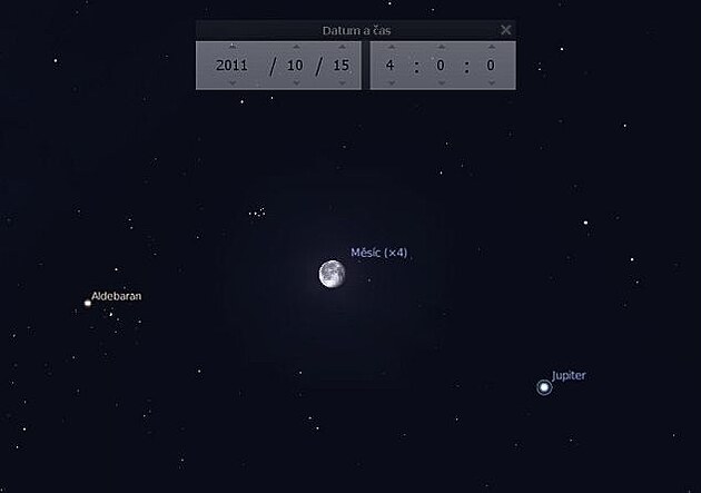 Msíc mezi Aldebaranem, Plejádami a Jupiterem 15. íjna 2011" title="Msíc mezi Aldebaranem, Plejádami a Jupiterem 15. íjna 2011