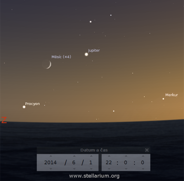 Msíc, Jupiter a Merkur na veerní obloze 1. ervna 2014