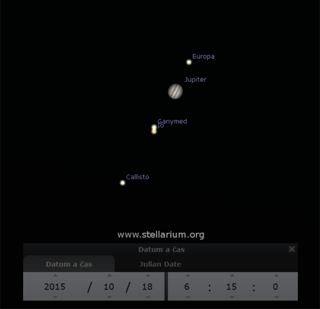 Jupiter a jeho satelity v dob konjunkce s Marsem 18. 10. 2015