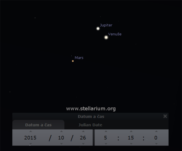 Venue v konjunkci s Jupiterem nedaleko Marsu 26. 10. 2015