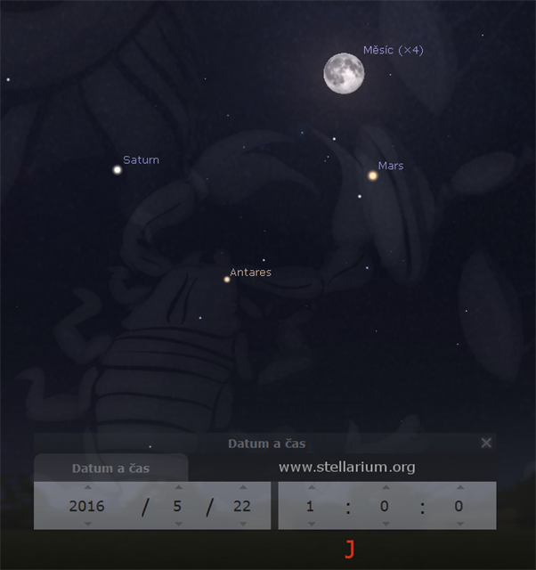 Setkání Msíce, Saturnu a Marsu u hvzdy Antares 22. 5. 2016