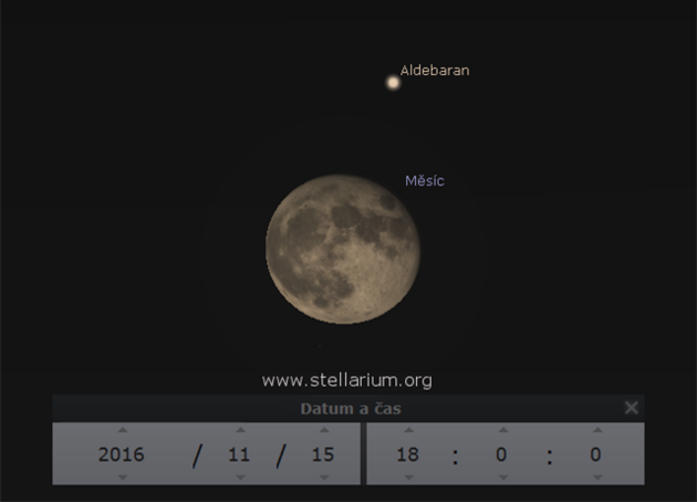 Msíc a Aldebaran nízko nad obzorem 15. 11. 2016