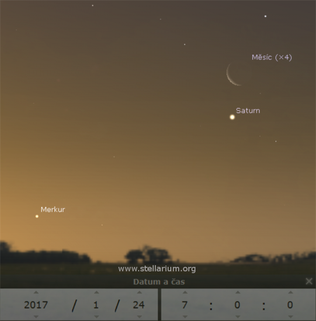 Msíc v blízkosti Saturnu a Merkuru 24. 1. 2017