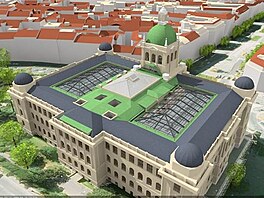 Leteck pohled na obnovenou historickou budovu Nrodnho muzea se zasteenmi dvory a zpstupnnou kopul