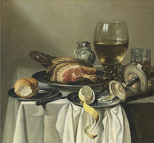 Zátií s unkou, citronem, houskou, sklenicí vína a dalím. 1643