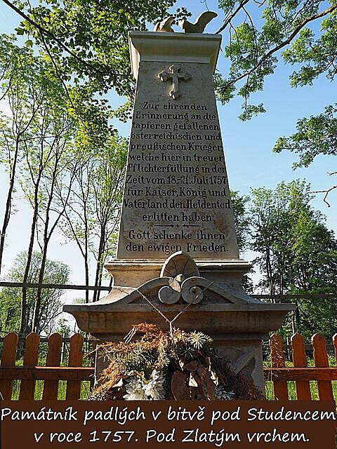 Památník padlých v bitv pod Studencem v r. 1757. Pod Zlatým vrchem.